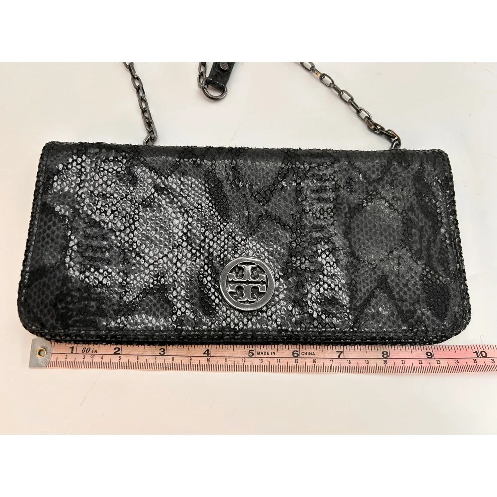 Tory Burch Black Snakeskin Embossed Convertible Shoulder Bag Clutch Wallet Chain
